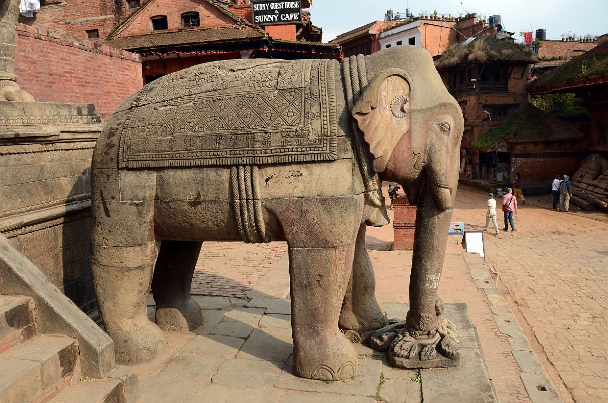 Kathmandu Bhaktapur 06-5 Nyatapola Temple Stairway Elephant Close Up Here is a close up of an elephant on the stairway to the Nyatapola Temple in Bhaktapur.